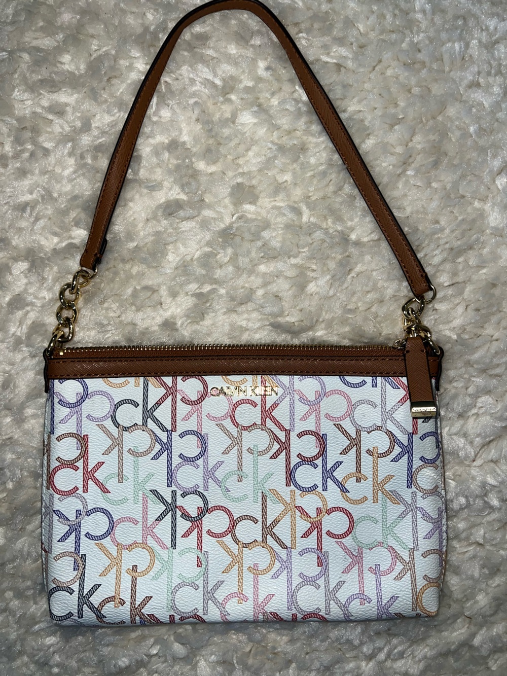 Calvin Klein White Multicolor Logo Wristlet with Brown Trim